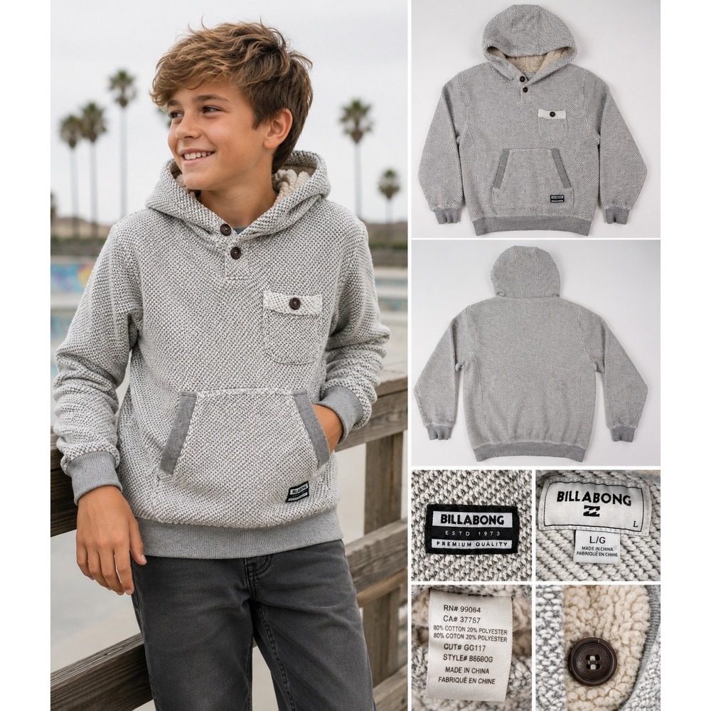 Billabong Boys L Sherpa Lined Hoodie Gray Pullover Sweater Knit Skate B660QG